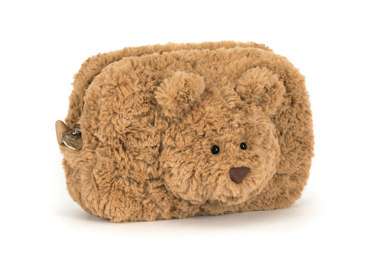 Brown teddy bear-shaped pouch on a white background