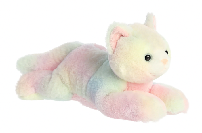 Pastel-colored plush cat toy on a white background