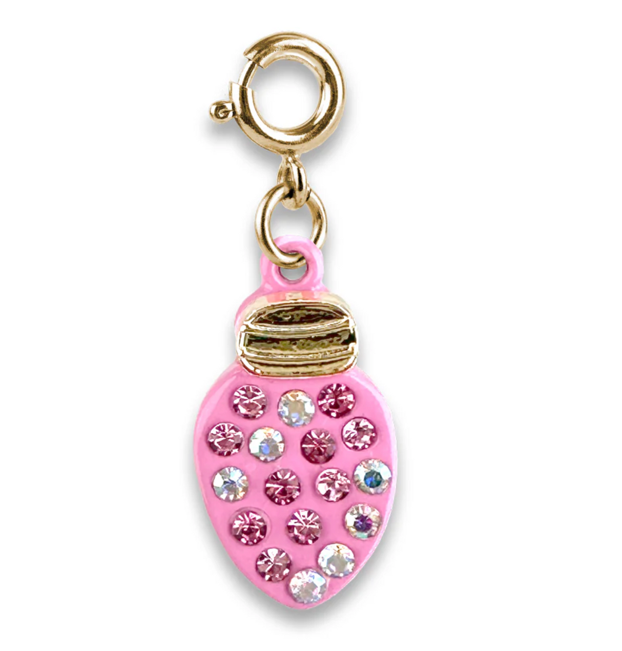 Clip-on charm in the shape of a pink chrismtas light, with multi-color gems.