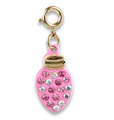 Clip-on charm in the shape of a pink chrismtas light, with multi-color gems.