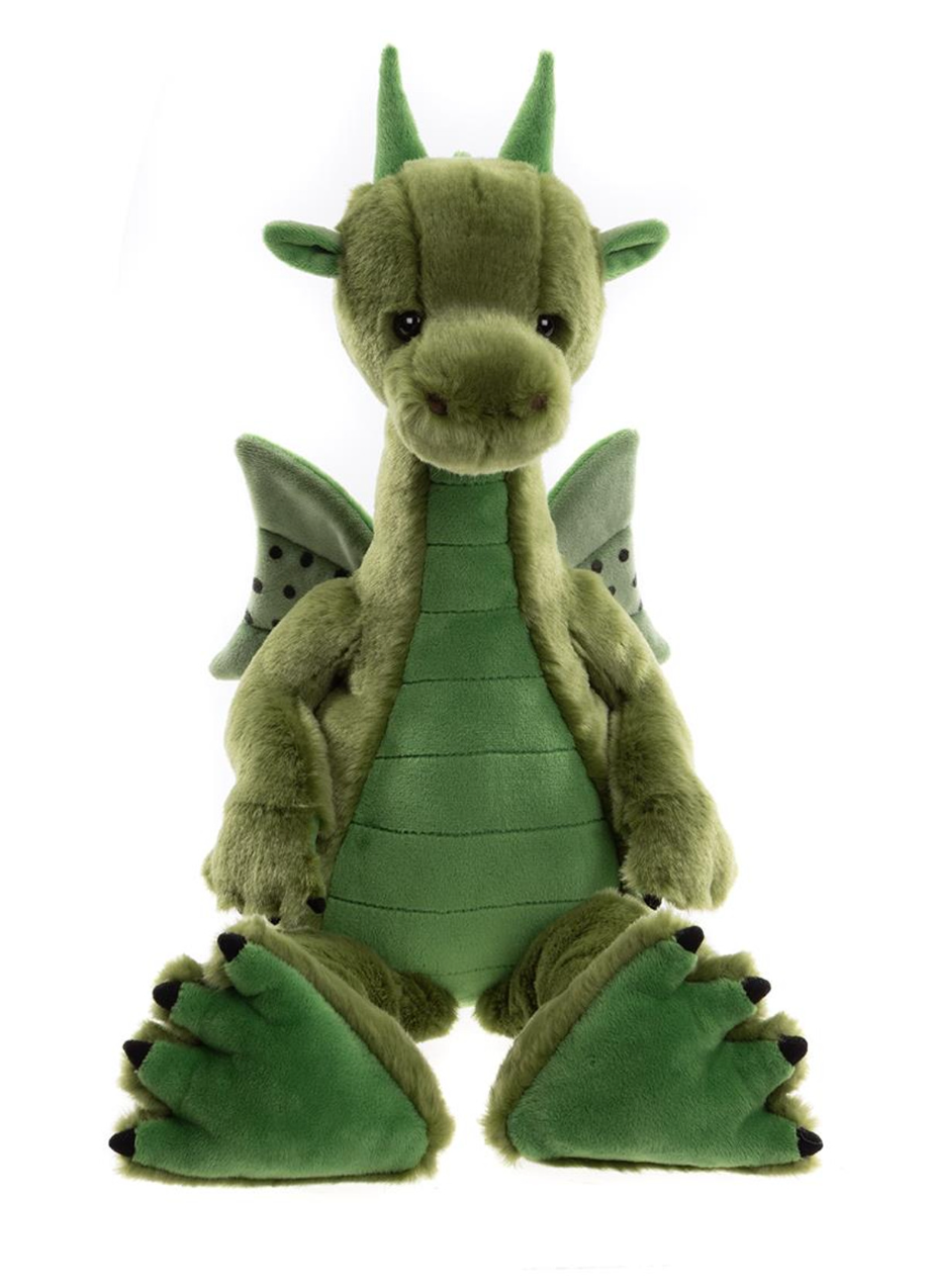 Green plush dragon toy on a white background