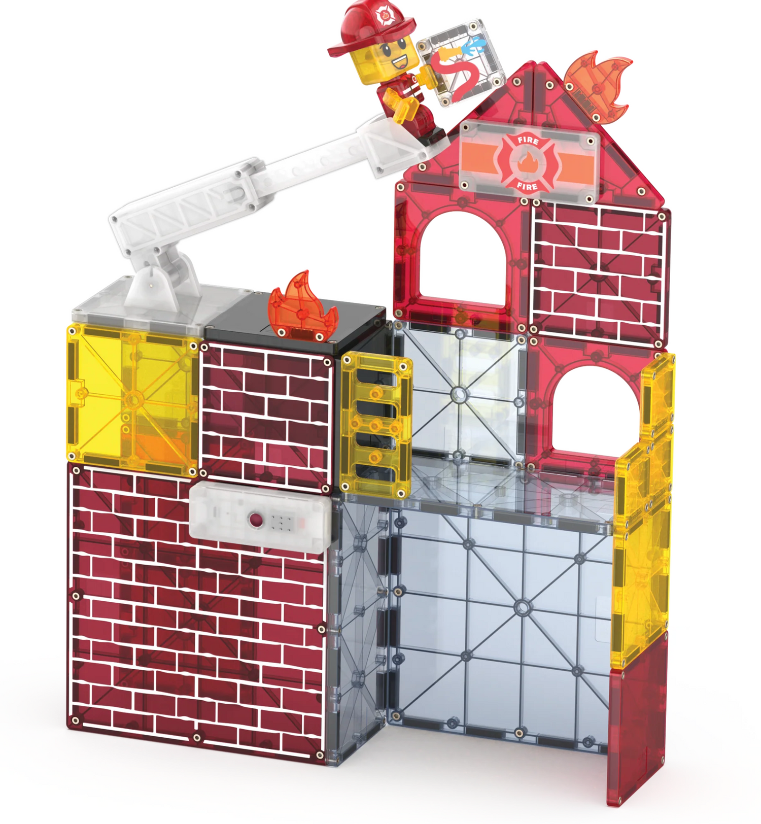 Toy fire station set with a fireman figure on a white background