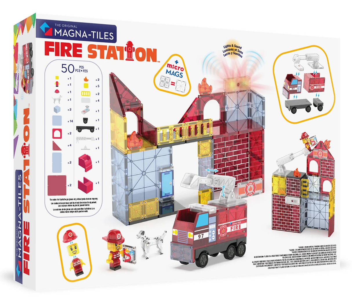 Magna-Tiles Fire Station toy set packaging with fire station model and vehicle on a white background