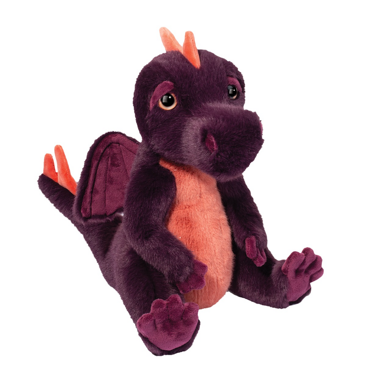 Plush dragon toy with purple body and orange wings on a white background