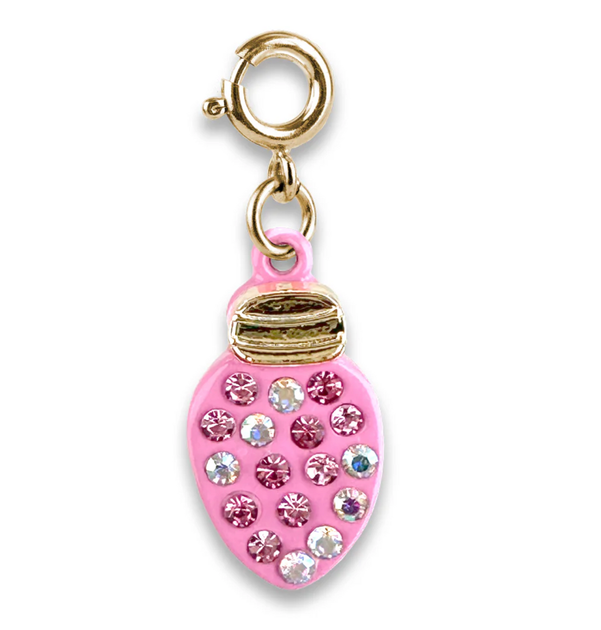 Clip-on charm in the shape of a pink chrismtas light, with multi-color gems. 