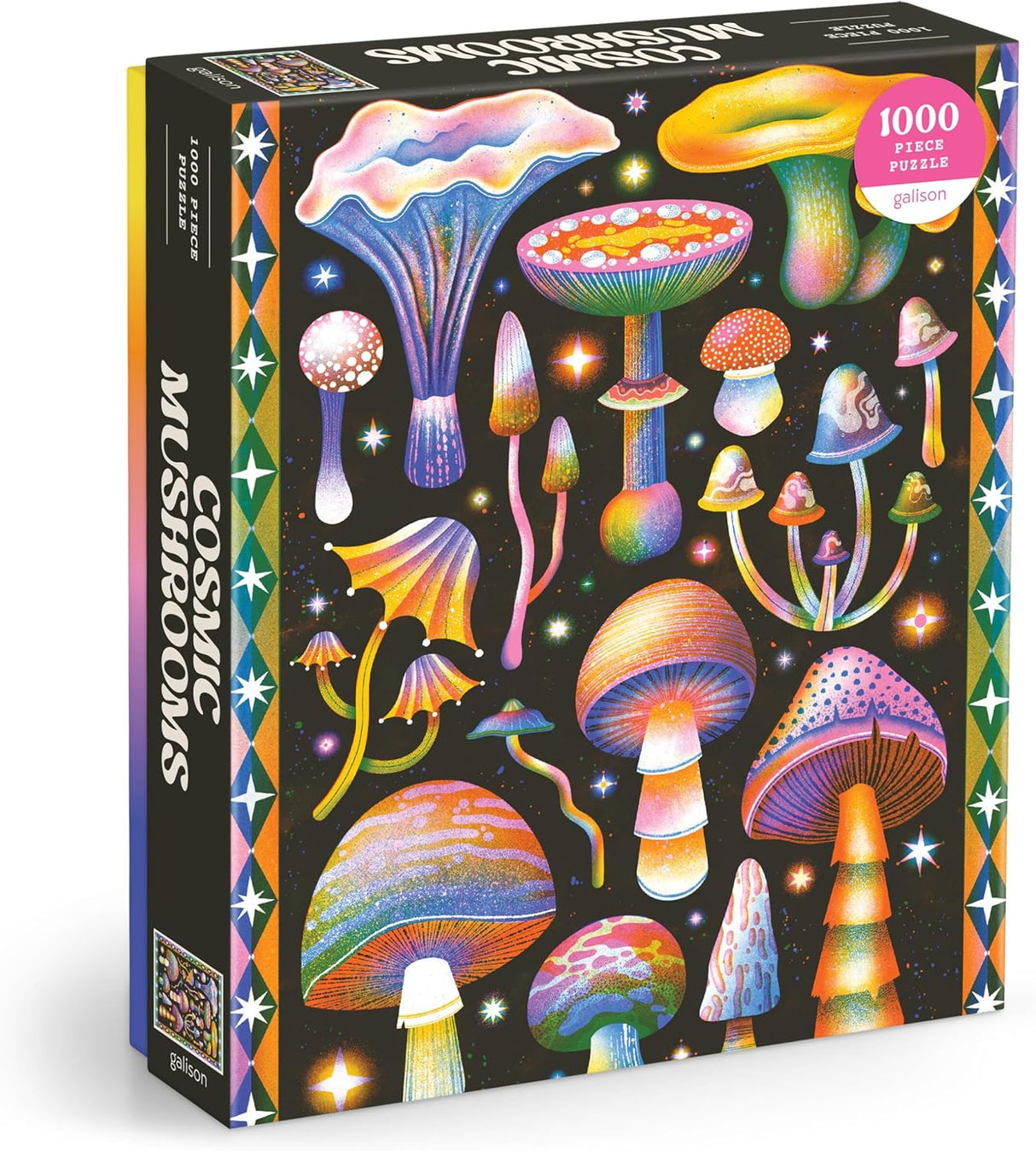 Jigsaw puzzle box with colorful mushroom design on a black background