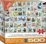 500 Piece Puzzle, Butterflies Vintage Stamps