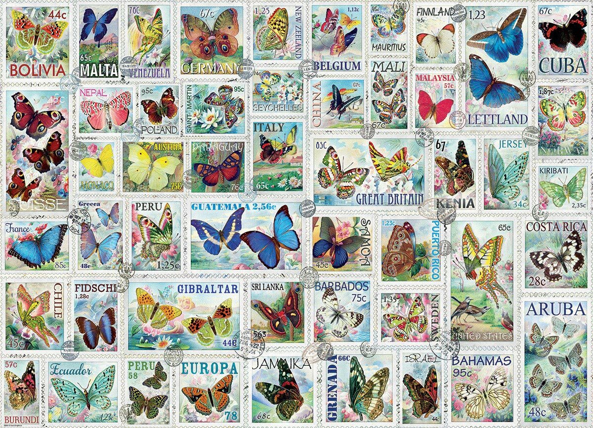 500 Piece Puzzle, Butterflies Vintage Stamps