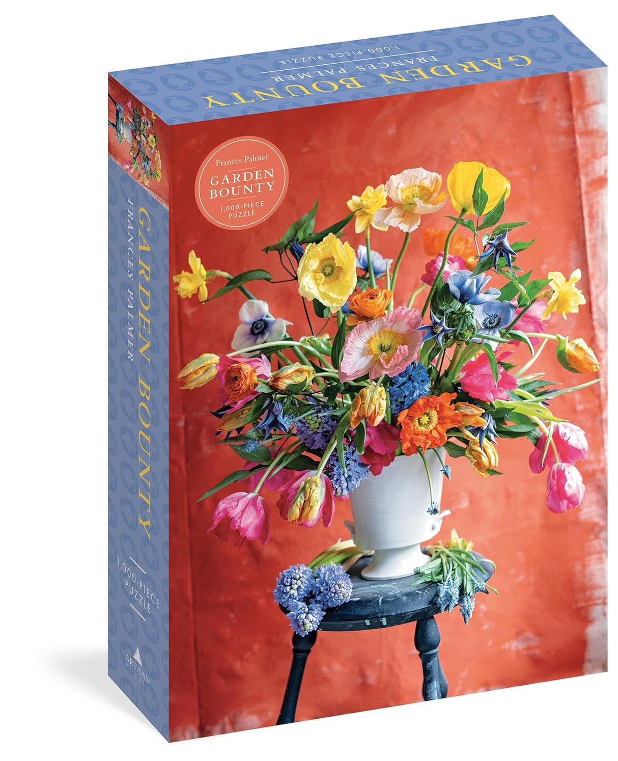 Garden Bounty puzzle box with colorful flowers and a vase on an orange background