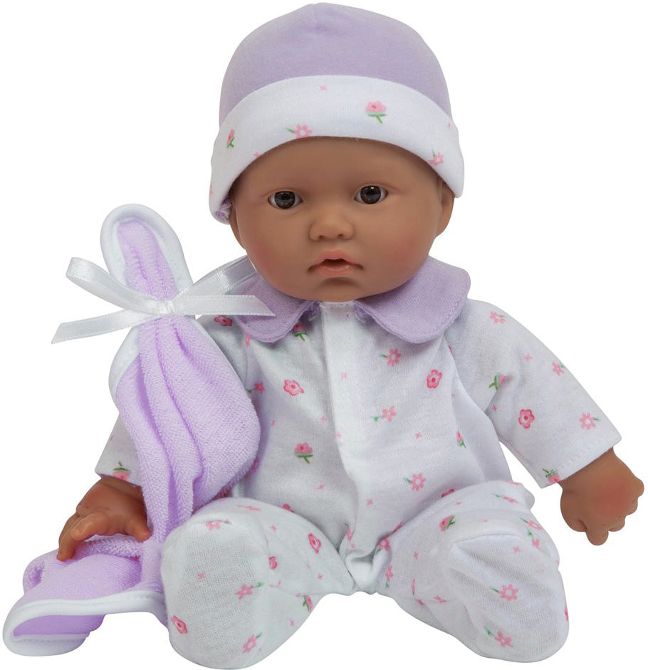 JC Toys La Baby 11-inch Washable Soft Body Hispanic Baby Doll with Purple outfit with Accessories