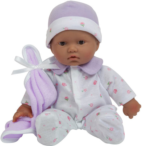 JC Toys La Baby 11-inch Washable Soft Body Hispanic Baby Doll with Purple outfit with Accessories