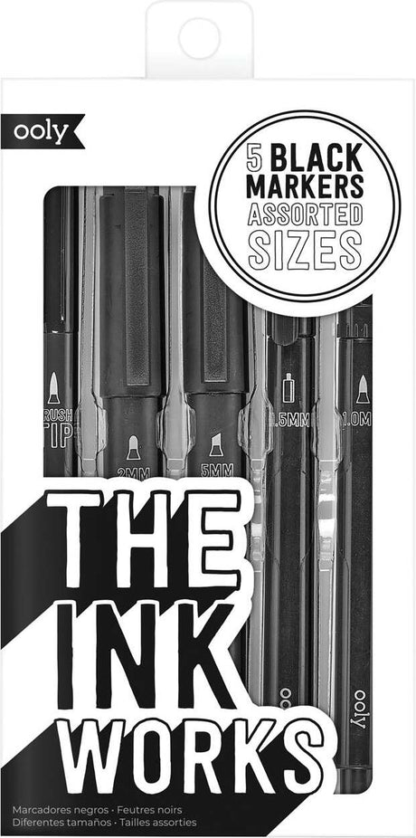 The Ink Works 5 Black Markers Assorted Sizes