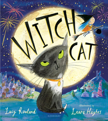 Book cover of 'Witch Cat' with a black cat, moon, and witch illustration.